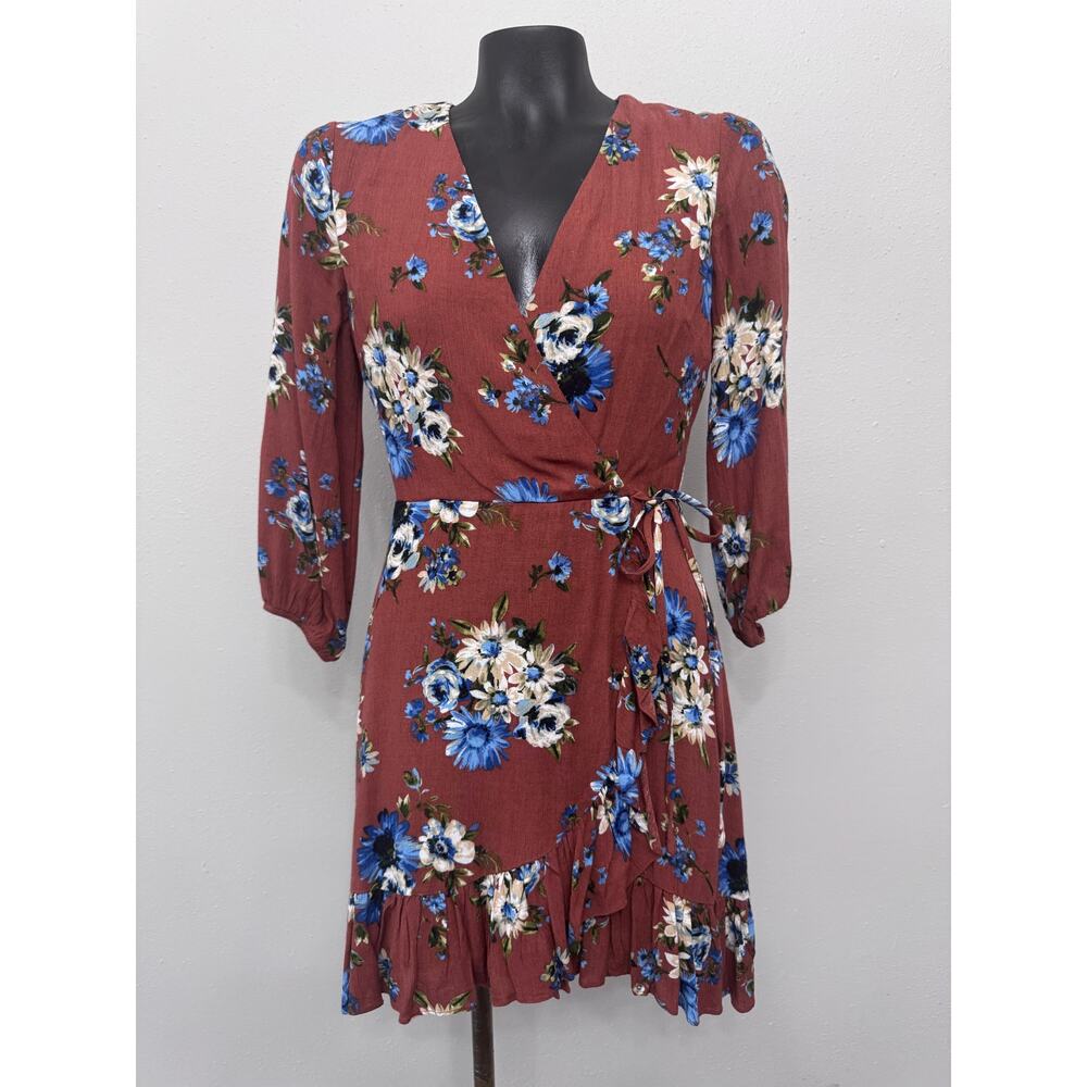 Women's Sz XS Wrap Dress Ruffles Brown‎ Floral L/S Coquette Fairy Boho Cottage